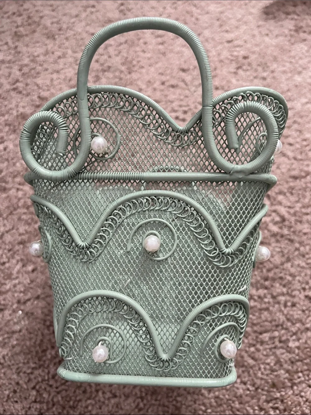 Decorative Mint Green Metal Basket with Pearl Accents